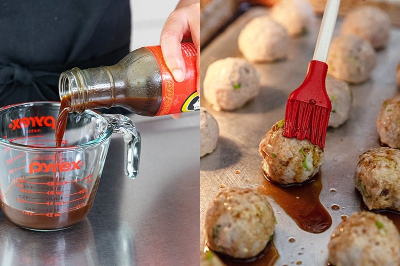 A shot of someone pouring gluten-free All-Purpose Stir-Fry Sauce in a measuring cup to baste on top of tsukune, Japanese chicken meatballs.