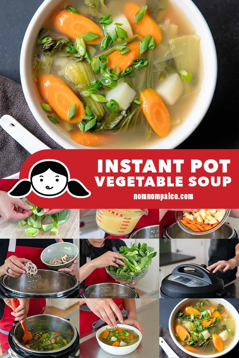 A step-by-step collage of how to make simple Instant Pot Vegetable soup, a healthy family favorite.