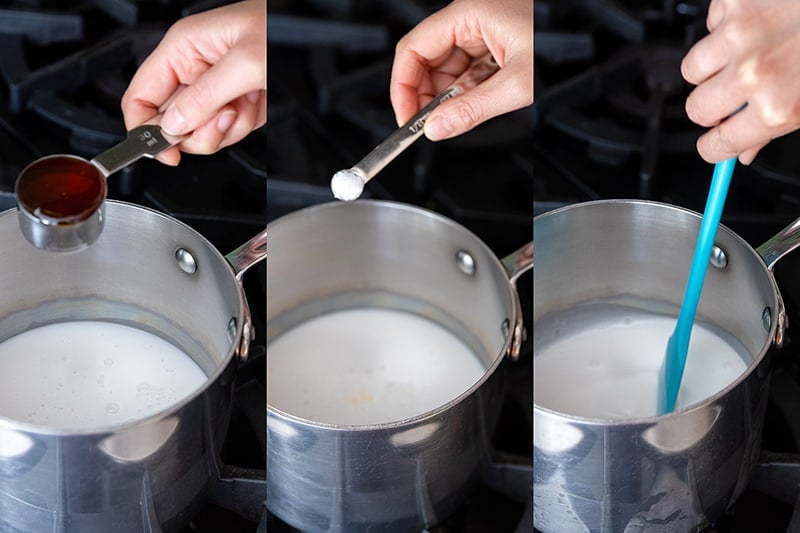Three shots showing someone adding honey and salt into coconut milk in a small saucepan.