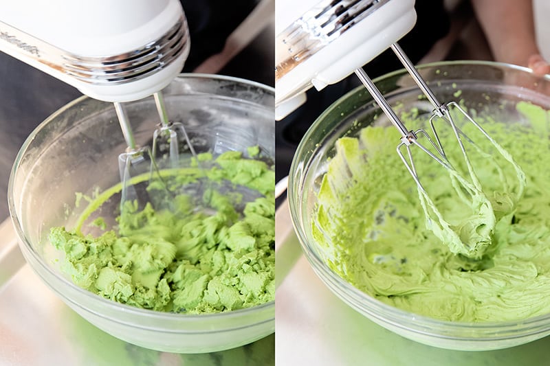 A hand mixer blends the chilled matcha pudding until is creamy and smooth.