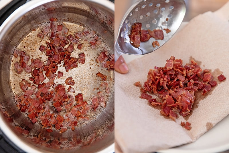Sauting bacon bits in the metal insert of an Instant Pot until crispy and then removing them with a slitted spoon to a paper towel-lined plate.