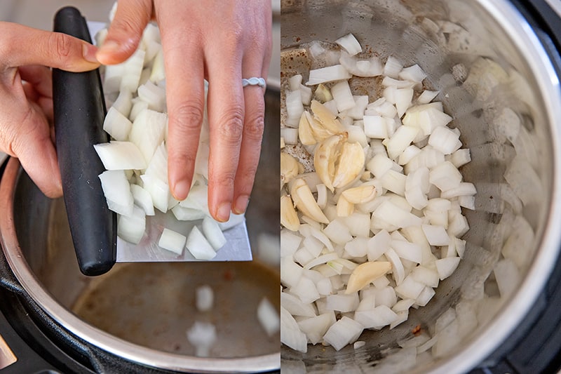Using a stainless steel scraper to transfer diced onions to an Instant Pot to make paleo butternut squash soup.