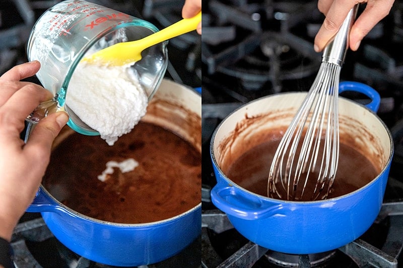 Adding bloomed gelatin and vanilla to the paleo chocolate pudding in the saucepan and whisking it together.