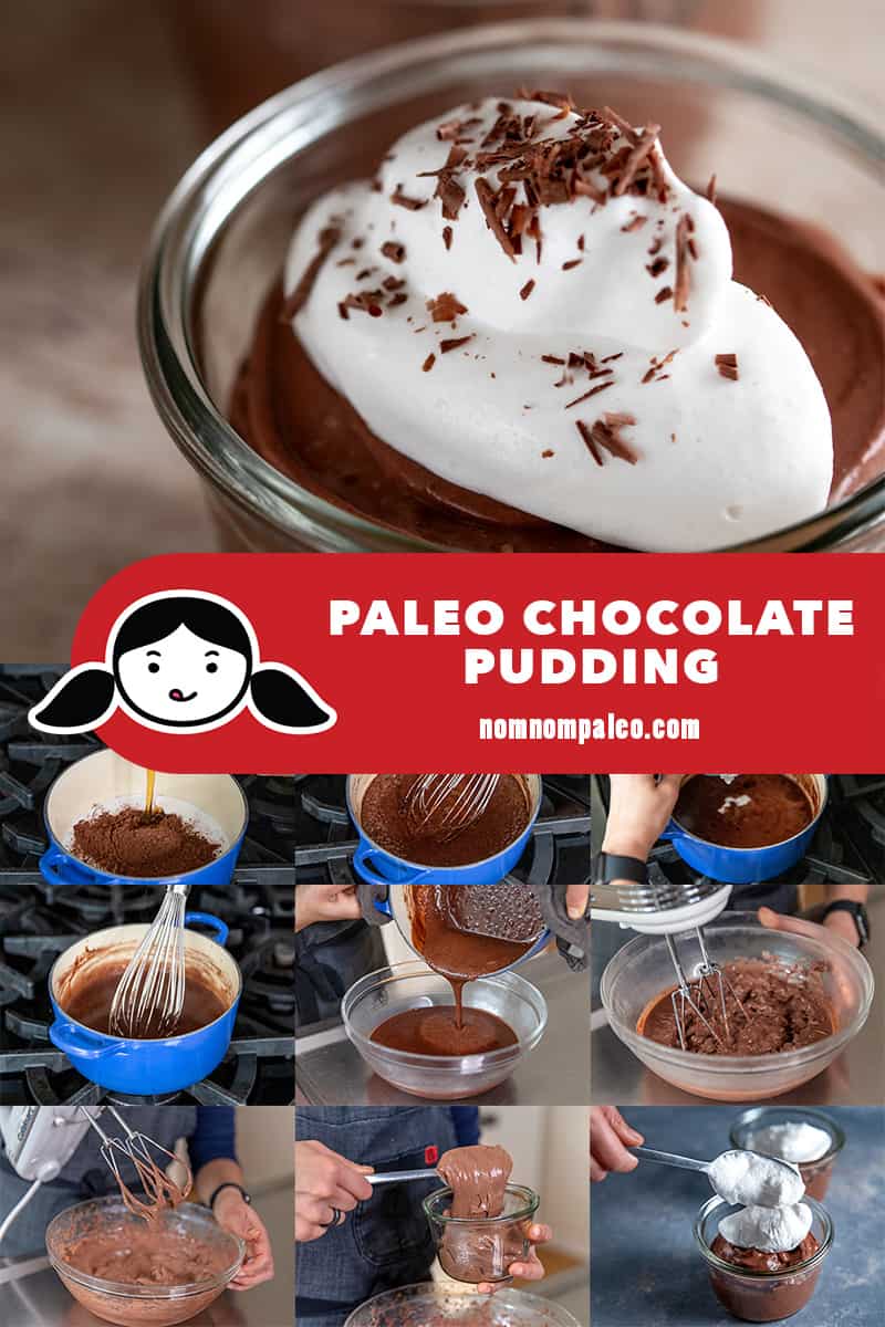 A collage of the cooking steps to make dairy-free chocolate pudding, a healthy homemade version. of Jell-O pudding.
