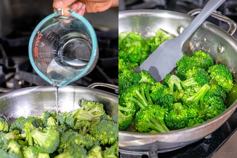 Pouring water into a stainless steel skillet filled with broccoli florets.