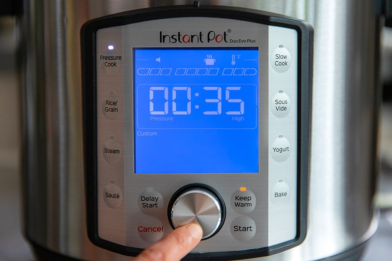 A shot of the display panel on an Instant Pot Duo Evo Plus. The display says 00:35 and high pressure.