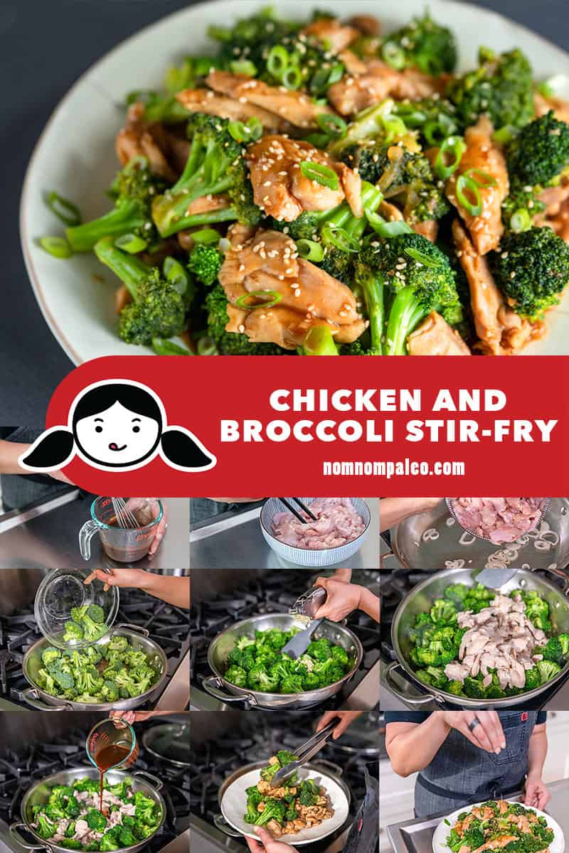 A collage of the cooking steps to make paleo chicken and broccoli stir-fry, a simple gluten-free weeknight dinner.