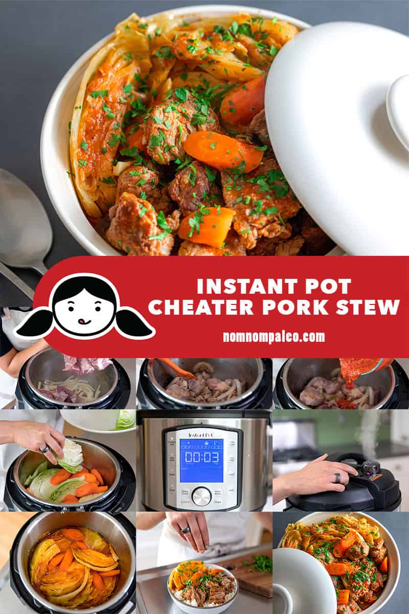 A collage of the cooking steps to make Instant Pot Cheater Pork Stew, a simple and delicious one-pot Whole30 and Paleo dinner!