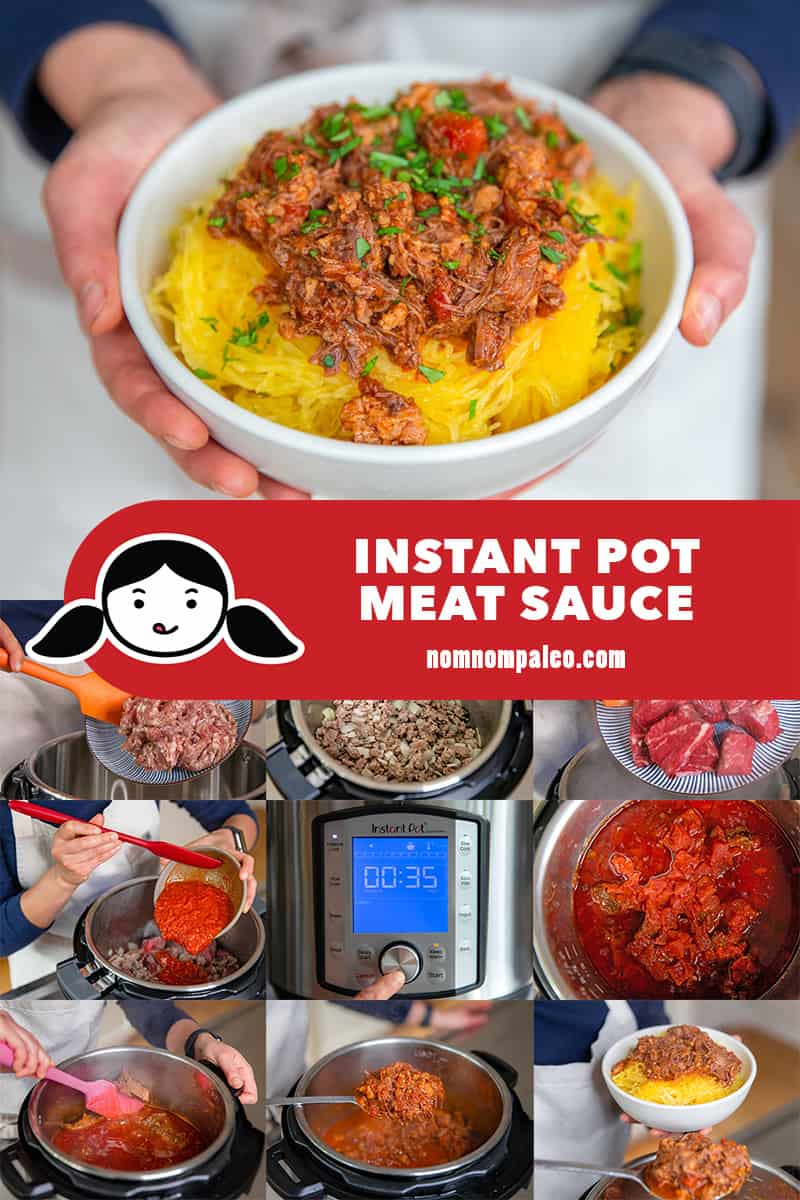 A collage of the cooking steps to make Instant Pot Meat Sauce, a simple and Whole30 version of Sunday Gravy.