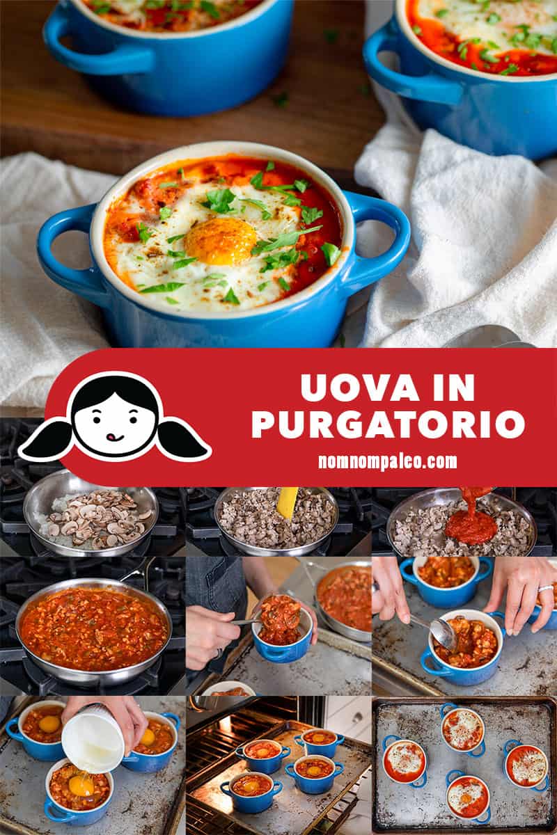 A collage of the cooking steps to make Eggs in Purgatory (Uova in Purgatorio), an Italian baked egg dish in a spicy tomato sauce.