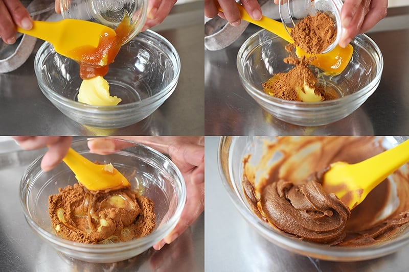 Four photos showing someone mixing together the ghee, honey, and cinnamon to make the gluten-free filling for paleo cinnamon rolls.