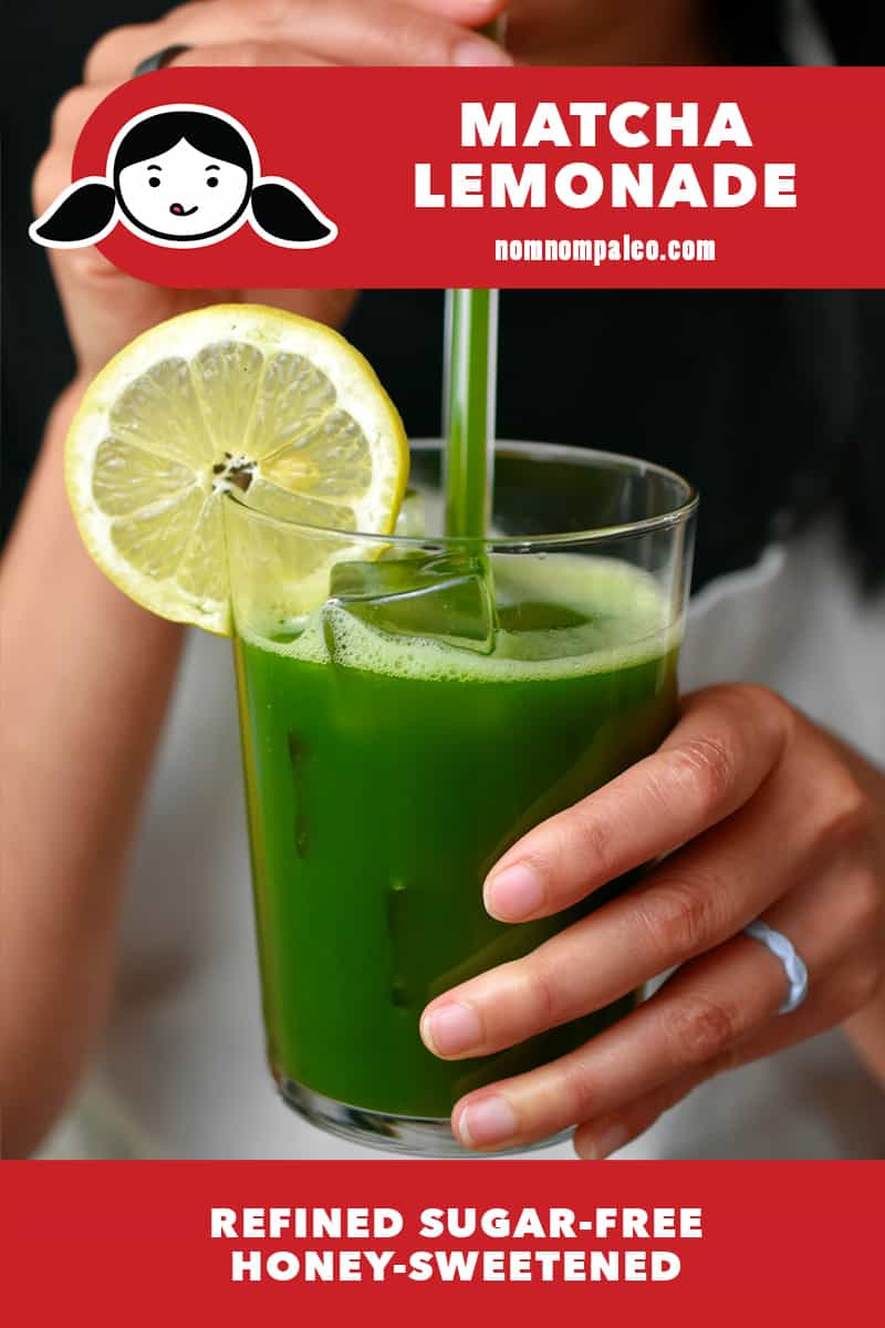 A clear glass filled with bright green matcha lemonade. A red banner states that it is refined sugar-free and honey sweetened.