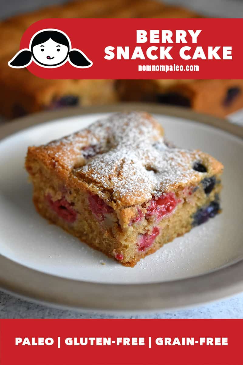 A closeup shot of a slice of berry snack cake topped with keto confectioners sugar on a white plate. The red banner on the bottom says paleo, gluten-free, and grain-free.