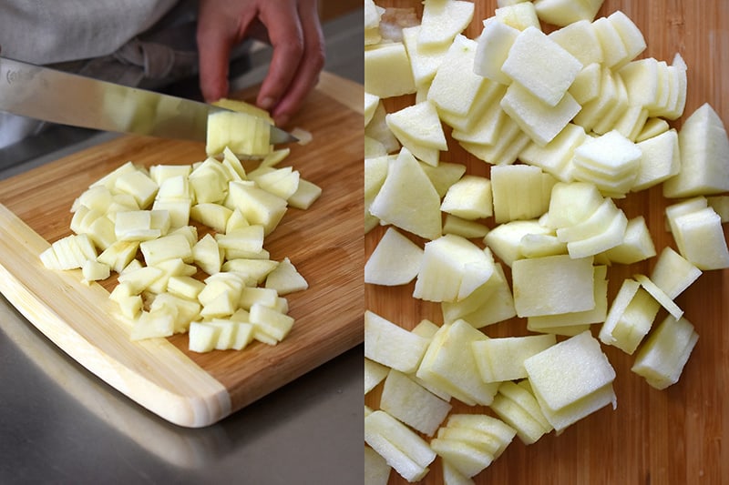 Slicing apples into thin rectangle slices for apple Bundt Cake.