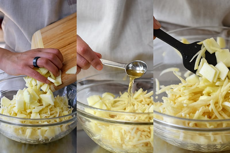 Three images that show someone mixing shredded and sliced apples with apple cider vinegar in a clear bowl.