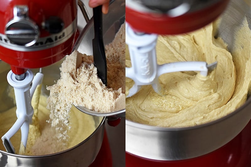 Two photos that show someone adding half the dry ingredients to the apple Bundt Cake batter and the second image shows it all mixed in.