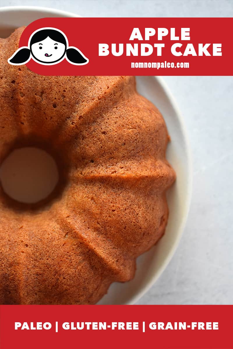 An overhead shot of an apple bundt cake with no glaze. The red banner at the bottom says that is is paleo, gluten-free, and grain-free.