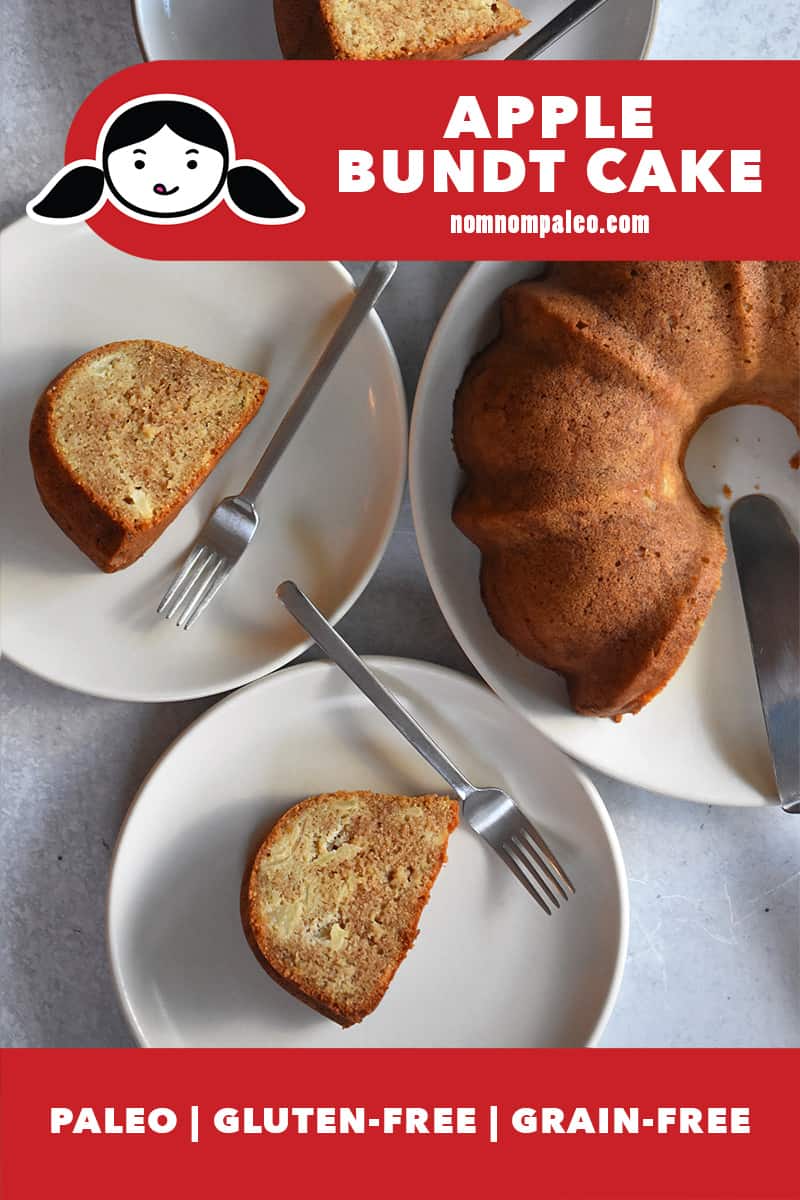 An overhead shot of apple Bundt Cake and three slices on white plates. There is a red banner that says that it is paleo, gluten-free, and grain-free.