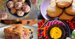A collage of gluten-free and paleo healthy snacks, both sweet and savory.