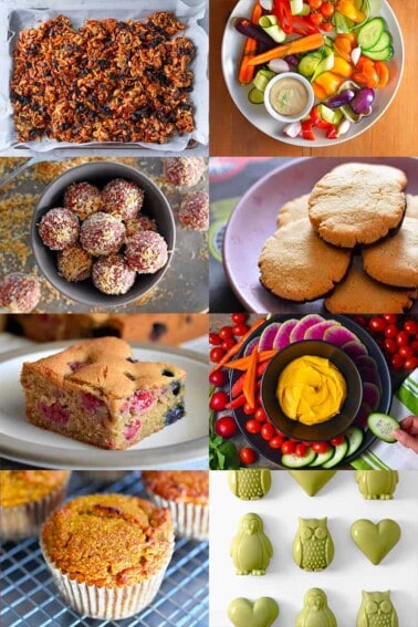 A collage of gluten-free and paleo healthy snacks, both sweet and savory.