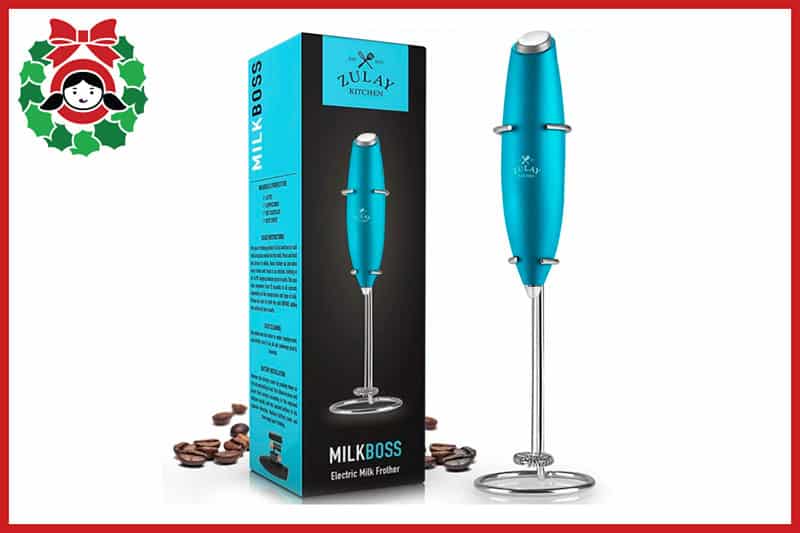 A front view of a turquoise Zulay milk frother, an item on the 2020 Holiday Gift Guide from Nom Nom Paleo