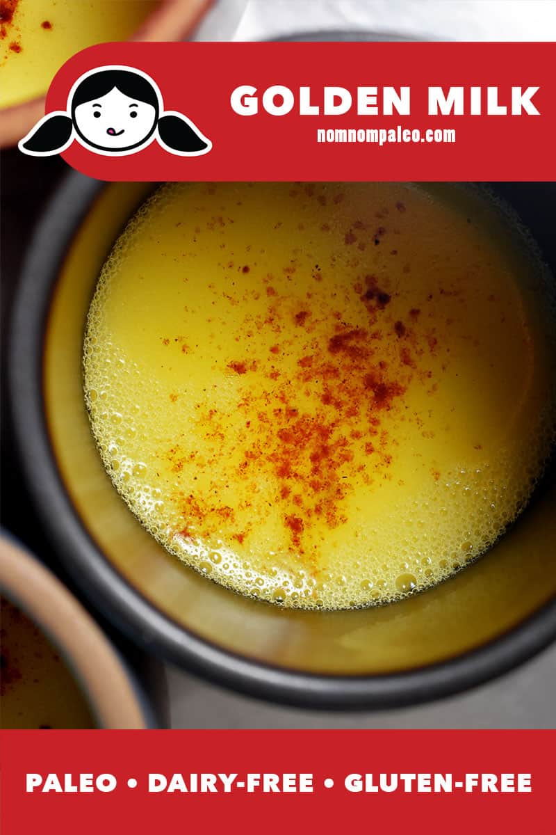 An overhead shot of a mug of Golden Milk with ground cinnamon on top. There is a red banner that says it is paleo, dairy-free, and gluten-free.