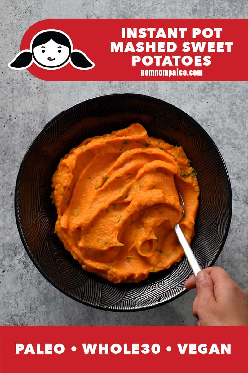 An overhead shot of a hand scooping Instant Pot mashed sweet potatoes from a black bowl. There's a red banner at the bottom that reads paleo, vegan, and Whole30.