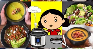 A collage of 20 Whole30 Instant Pot recipes from Nom Nom Paleo. There is a cartoon of brunette woman depressurizing an Instant Pot in the middle of the collage.
