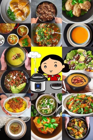 A collage of 20 Whole30 Instant Pot recipes from Nom Nom Paleo. There is a cartoon of brunette woman depressurizing an Instant Pot in the middle of the collage.