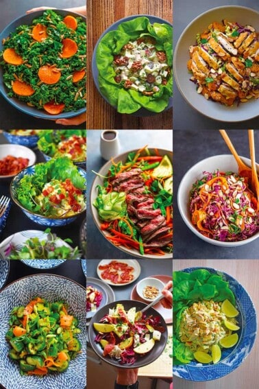 A collage of nine Nom Nom Paleo Whole30 salads