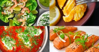 A collage of 8 Nom Nom Paleo recipes that are Whole30 compatible seafood recipes. There is a picture of crab cakes, California roll, tandoori fish, teriyaki salmon, tonnato sauce, crab cakes, cod in tomato sauce, and shrimp tacos.