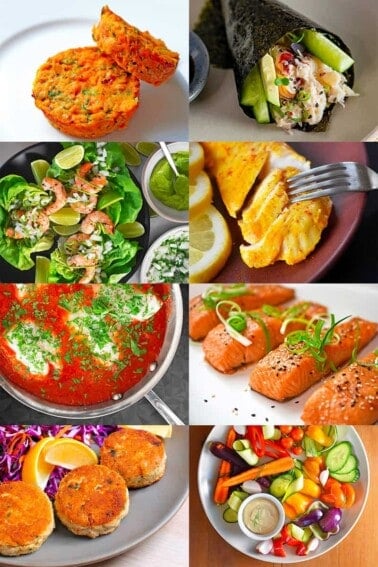 A collage of 8 Nom Nom Paleo recipes that are Whole30 compatible seafood recipes. There is a picture of crab cakes, California roll, tandoori fish, teriyaki salmon, tonnato sauce, crab cakes, cod in tomato sauce, and shrimp tacos.