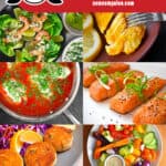 A collage of 8 Nom Nom Paleo recipes that are Whole30 compatible seafood recipes. The red banner at the bottom says paleo, gluten-free, and low carb