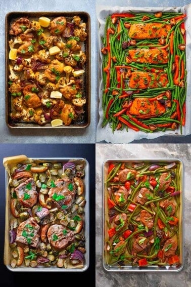 An overhead shot of four Nom Nom Paleo Easy Whole30 Sheet Pan Meals.