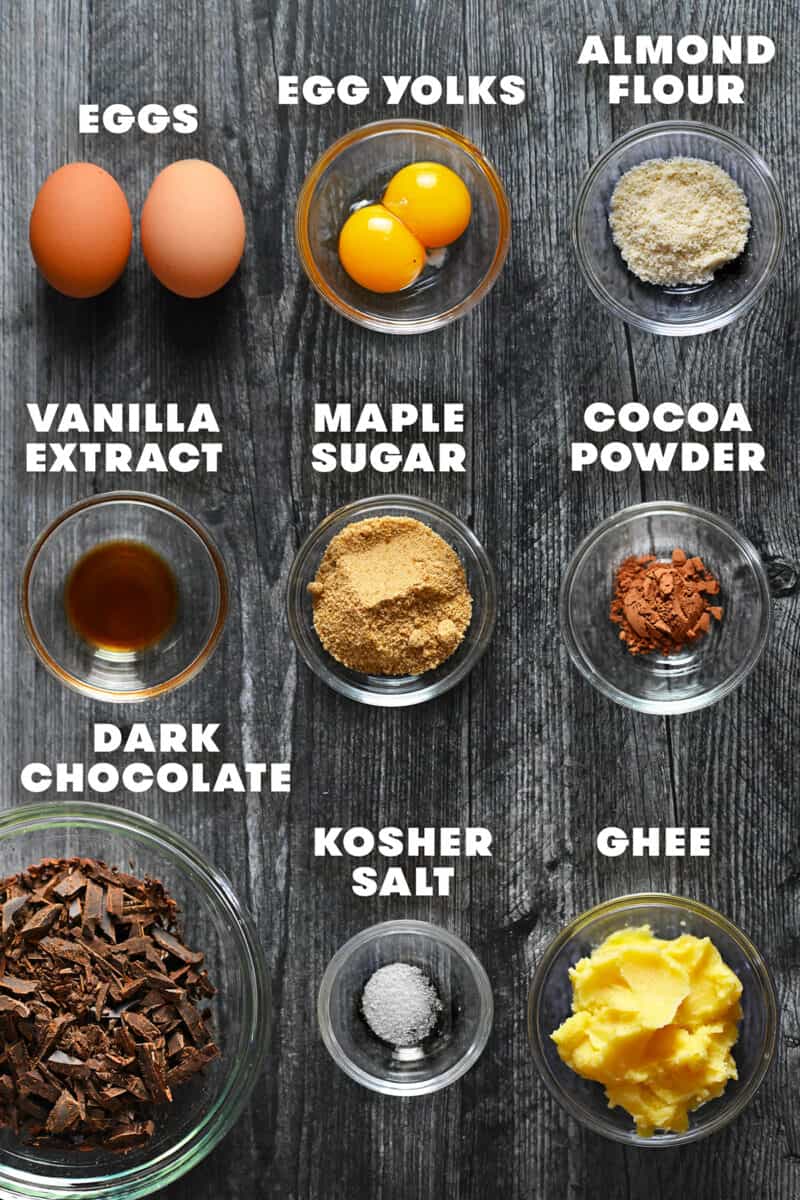 An overhead shot of the raw ingredients to make paleo and gluten free chocolate lava cakes.