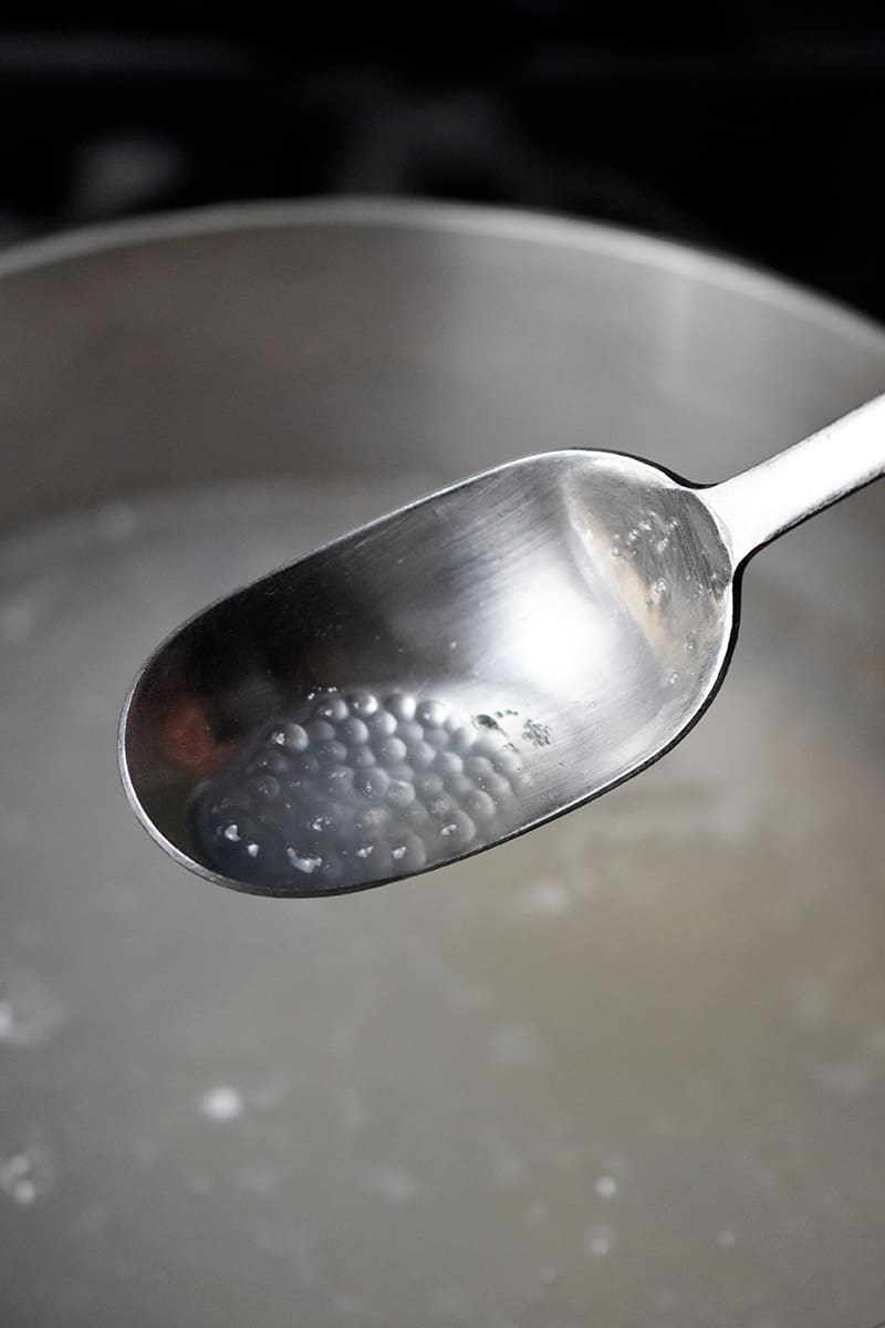 A closeup of a silver spoon with small tapioca pearls inside. The tapioca pearls are clear and no longer white colored.