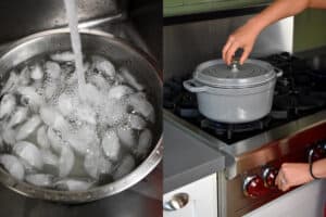 On the left, a bowl is filled with ice water. On the right a covered gray stockpot is on the stove filled with water.