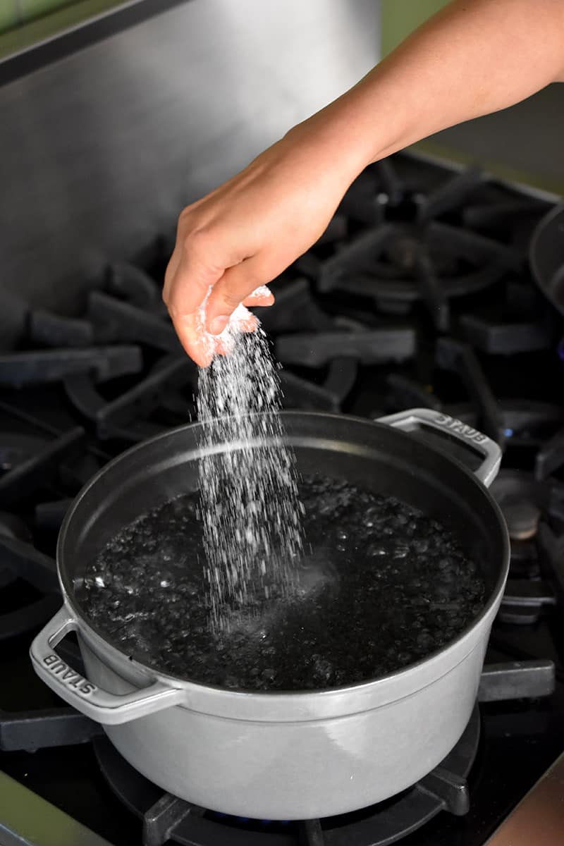 A hand is adding a large pinch of Diamond Crystal kosher salt into a large gray pot filled with boiling water.