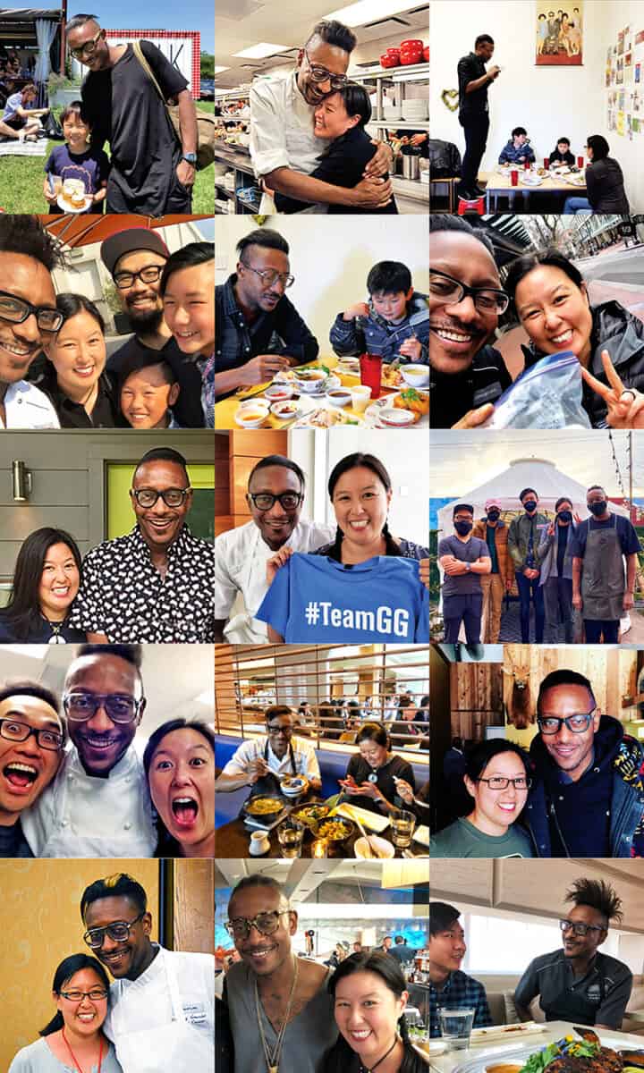 Collage of images of Gregory Gourdet smiling with Michelle Tam, Henry Fong, and various other people through the years.
