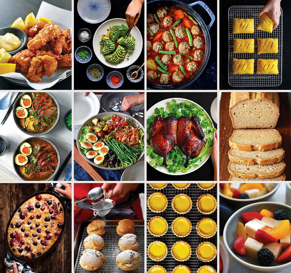 Collage of images from the cookbook, Nom Nom Paleo: Let's Go, including photos of Chicken Karaage, Avocado Sashimi, Albondigas Soup, Hand Pies, Shoyu Ramen, Salmon Nicoise Salad, Cantonese Pipa Duck, Paleo Sandwich B read, Cherry Clafoutis, Cream Puffs, Dan Tat, and Coconut Almond Jelly