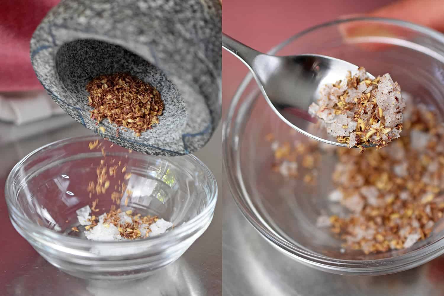 Combining crushed Sichuan peppercorns with flaky sea salt in a small bowl