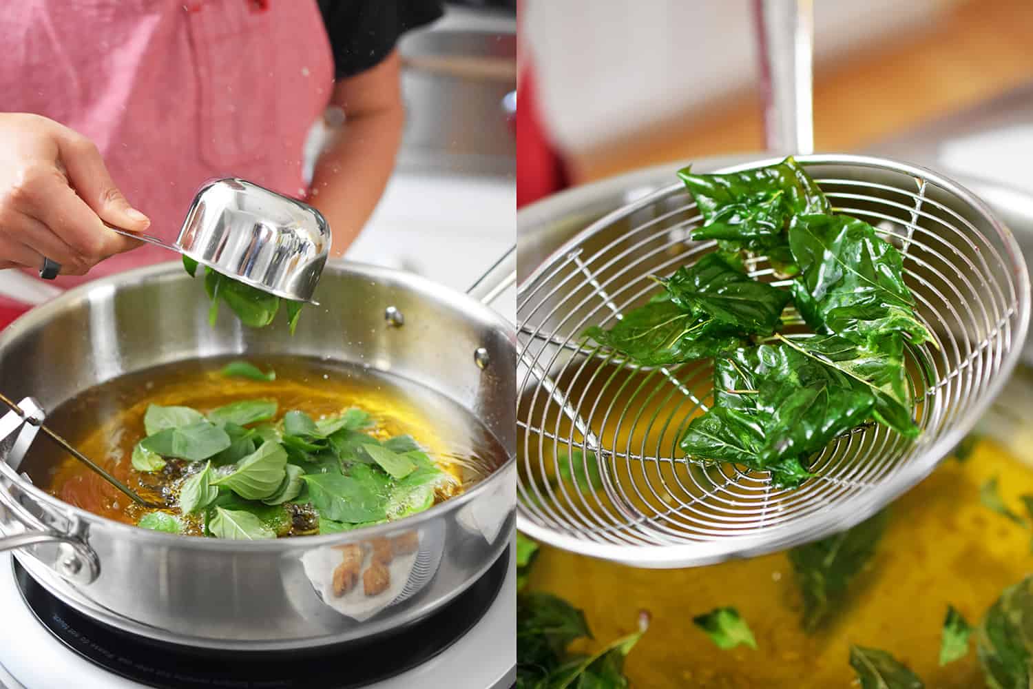 Deep frying Thai basil leaves in hot oil until bright green and crispy.