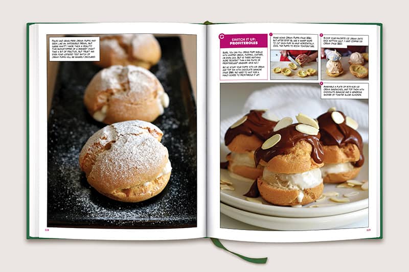 An open copy of Nom Nom Paleo: Let's Go cookbook that shows paleo cream puffs on the left and paleo profiteroles on the right.