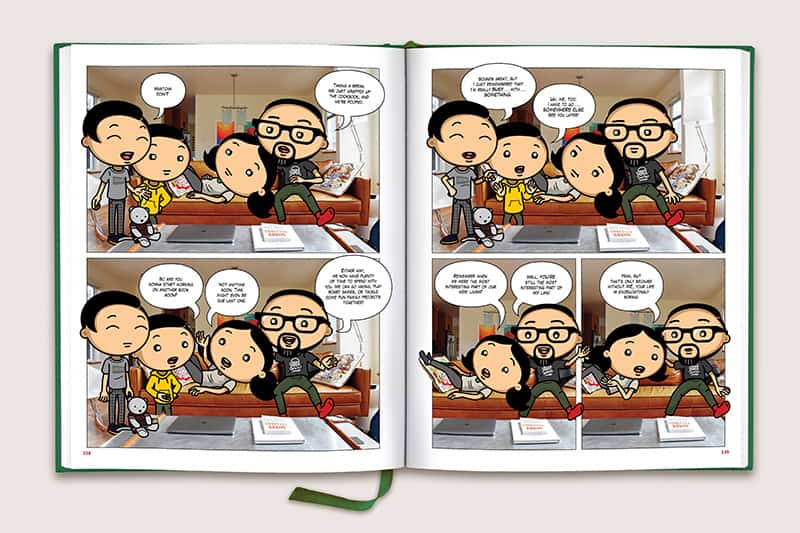 A 2-page spread from Nom Nom Paleo: Let's Go! showing a cartoon sequence featuring the Nom Nom Paleo family