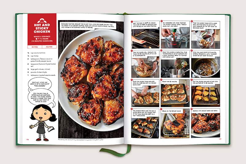 A 2-page spread from Nom Nom Paleo: Let's Go! showing the recipe for Hot and Sticky Chicken