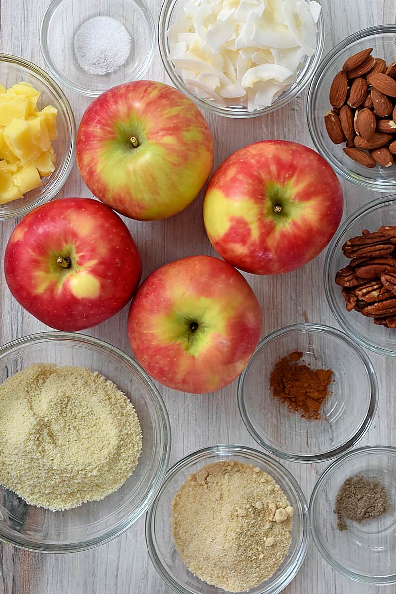 An overhead shot of the raw ingredients to make a paleo, vegan, and gluten-free apple crisp.