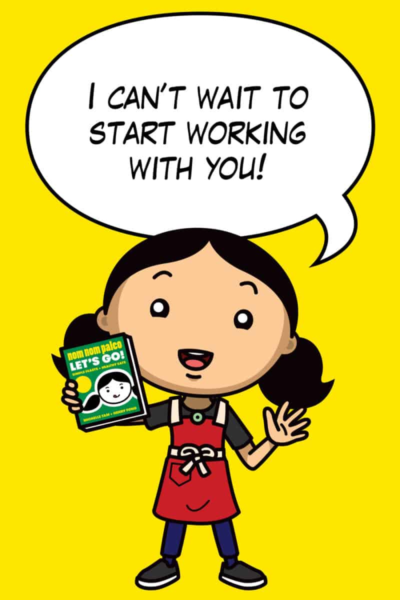 A cartoon Asian woman in a red apron has a word bubble that reads, "I can't wait to start working with you!"