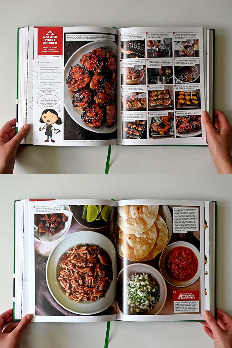 Two cookbooks are open to colorful step-by-step photos