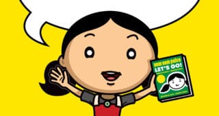 A cartoon Asian woman in a red apron has a word bubble that reads, "Wanna join my launch team?"