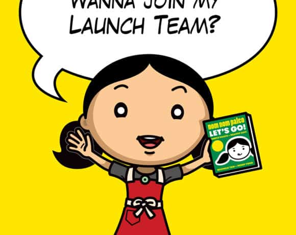 A cartoon Asian woman in a red apron has a word bubble that reads, "Wanna join my launch team?"